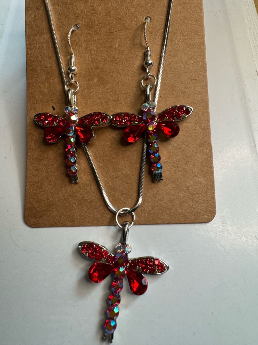 New Red Dragonfly earrings, necklace